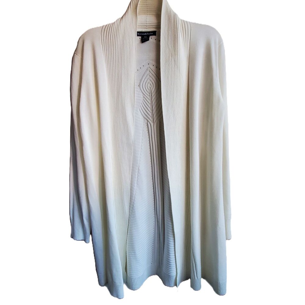 Karson & Taylor Cardigan Sweater Open Front Pointelle Knit Office Career M